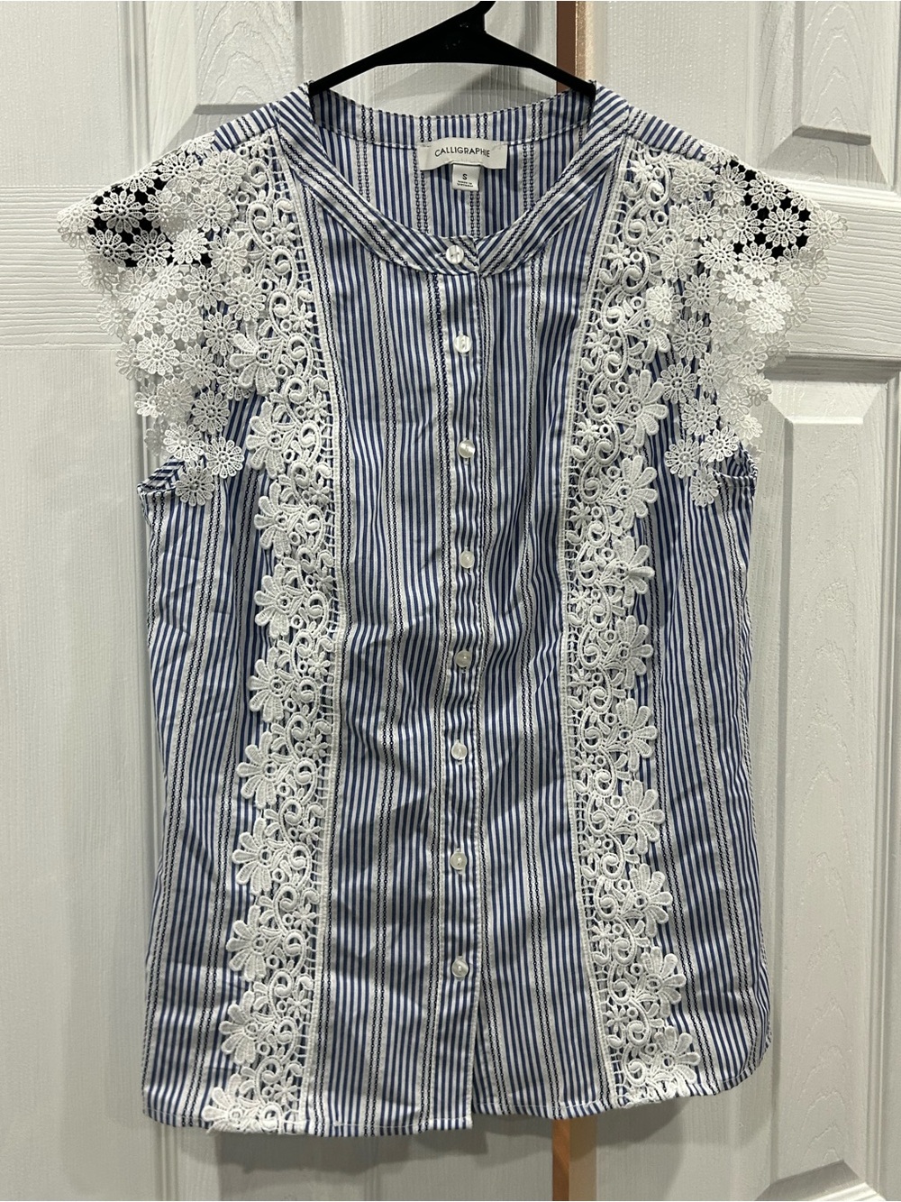 Calligraphie Blue Stripe Lace-Trim Sleeveless Blouse